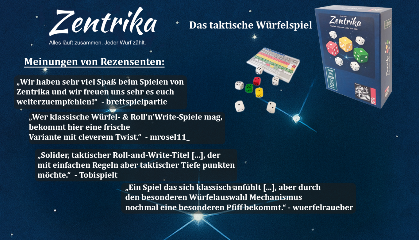 Zentrika Meinungen Das Spielmaterial zu Zentrika vor blauem Nachthimmel und Meinungen von Rezensenten zu Zentrika